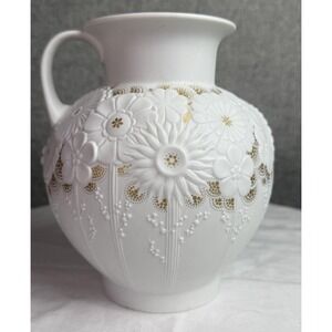 Vintage Kaiser West Germany Ibiza White/Gold/Gilt Bisque Porcelain Floral Jug‎